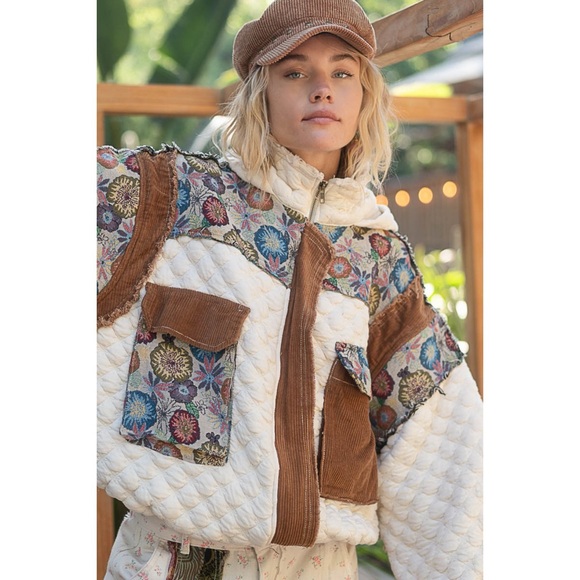 POL Cream Quilted Mock Neck Jacket with Floral Jacquard Contrast - Picture 9 of 9